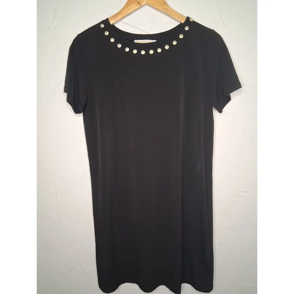 Michael Kors Little Black Dress Srudded Neck Women's Short Sleeve Sz M Classic